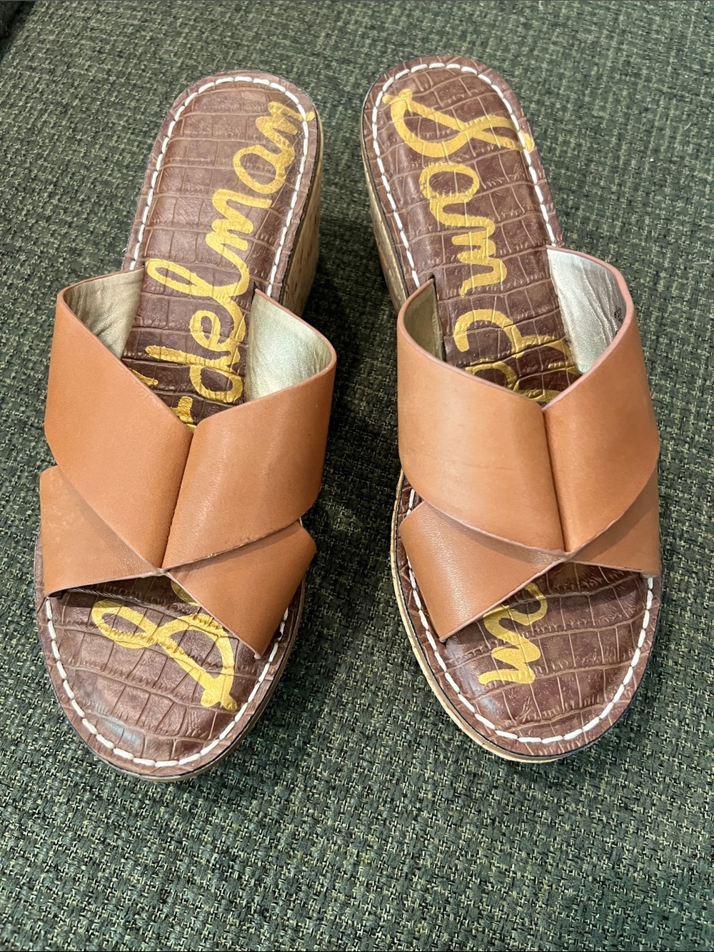 Sam Edelman Cognac Tan Leather Crisscross Slide Sandals (sz 8 1/2)
